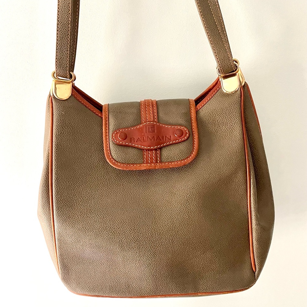 Vintage Pierre Balmain green and brown leather shoulder bag. Mint condition.